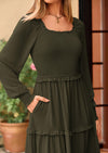 PRETTYGARDEN Women Fall Long Sleeve Smocked Maxi Dress Casual Square Neck Swiss Dot Tiered Ruffle Flowy Spring Pocket Dresses