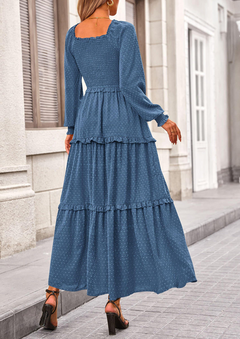 PRETTYGARDEN Women Fall Long Sleeve Smocked Maxi Dress Casual Square Neck Swiss Dot Tiered Ruffle Flowy Spring Pocket Dresses