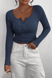 Long Sleeve Henley Button Down Ribbed Knit Slim Fit Casual T-shirts