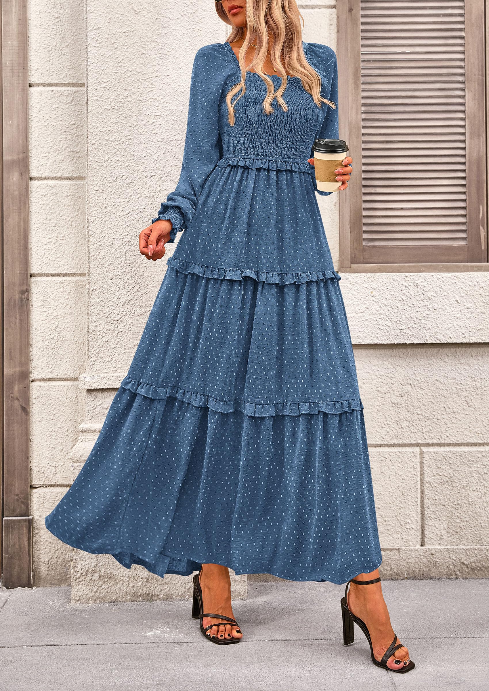 PRETTYGARDEN Women Fall Long Sleeve Smocked Maxi Dress Casual Square Neck Swiss Dot Tiered Ruffle Flowy Spring Pocket Dresses