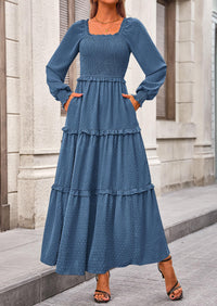 PRETTYGARDEN Women Fall Long Sleeve Smocked Maxi Dress Casual Square Neck Swiss Dot Tiered Ruffle Flowy Spring Pocket Dresses