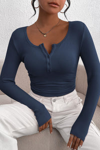 Long Sleeve Henley Button Down Ribbed Knit Slim Fit Casual T-shirts