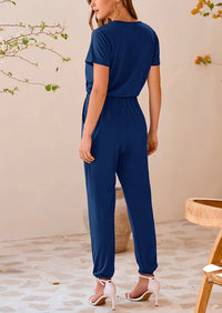 Deep V Neck Wrap Drawstring Waist Jumpsuits