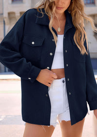 Button Down Collared Long Sleeve Textured Casual Shacket Jackets