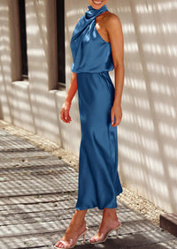 Satin sleeveless stand up collar party long dress