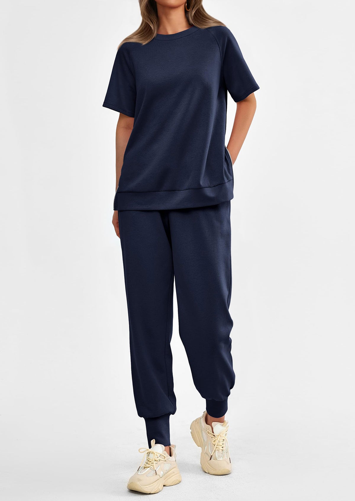 Casual Short Sleeve Tops High Waisted Sweatpants Two Piece Sets