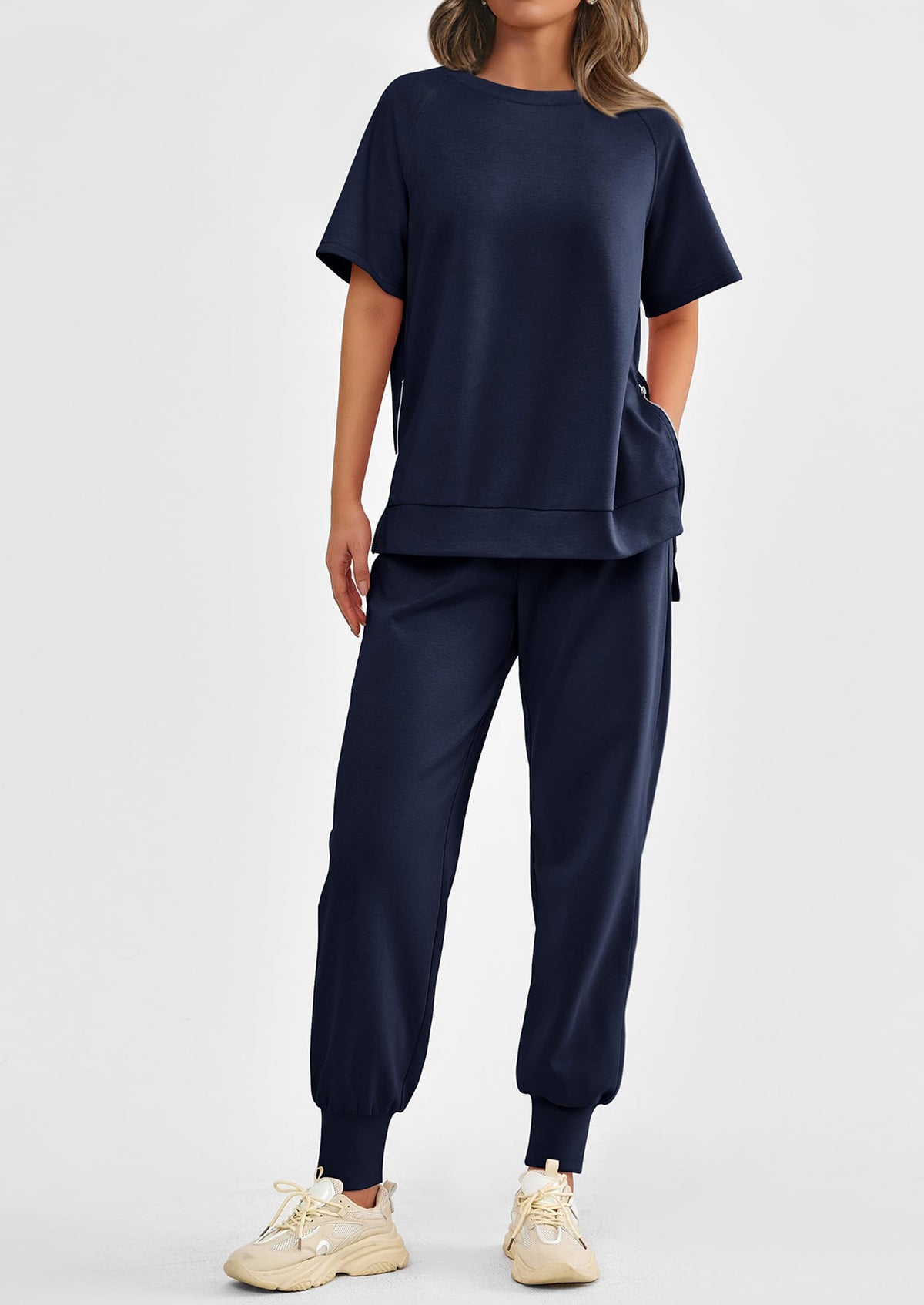 Casual Short Sleeve Tops High Waisted Sweatpants Two Piece Sets
