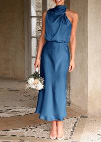 Satin sleeveless stand up collar party long dress