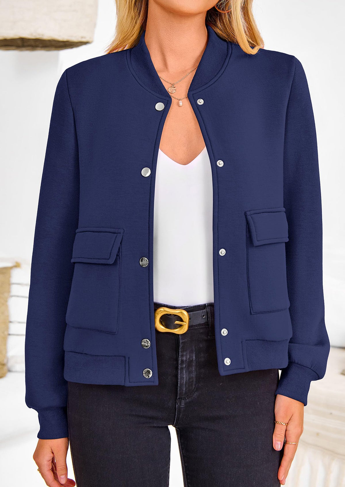 Casual Long Sleeve Button up Lightweight Varsity Bomber Jackets