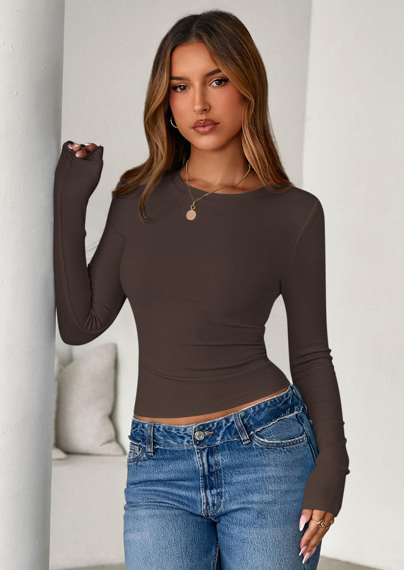 PRETTYGARDEN Womens Summer Fall Long Sleeve Shirts Ribbed Knit Fitted Basic Tee Going Out Tops Underscrub Casual Outfits