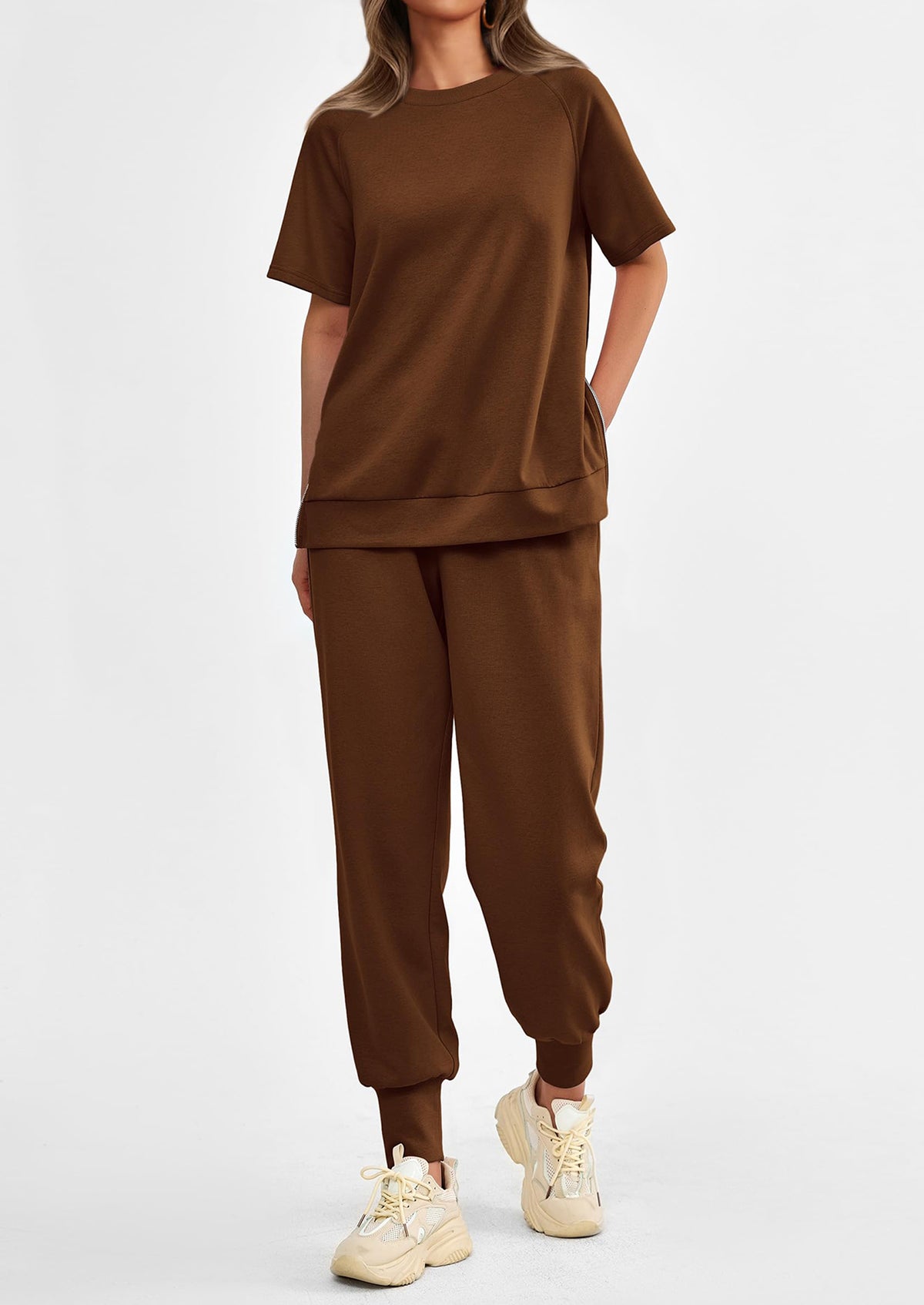 Casual Short Sleeve Tops High Waisted Sweatpants Two Piece Sets