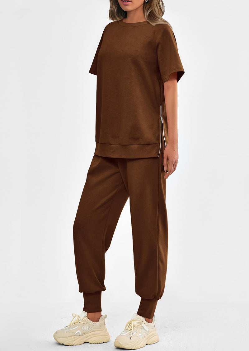 PRETTYGARDEN 2 Piece Outfit Tracksuits Casual Short Sleeve Tops High Waisted Sweatpants Set