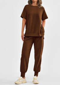 Casual Short Sleeve Tops High Waisted Sweatpants Two Piece Sets