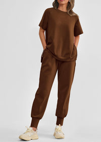 Casual Short Sleeve Tops High Waisted Sweatpants Two Piece Sets