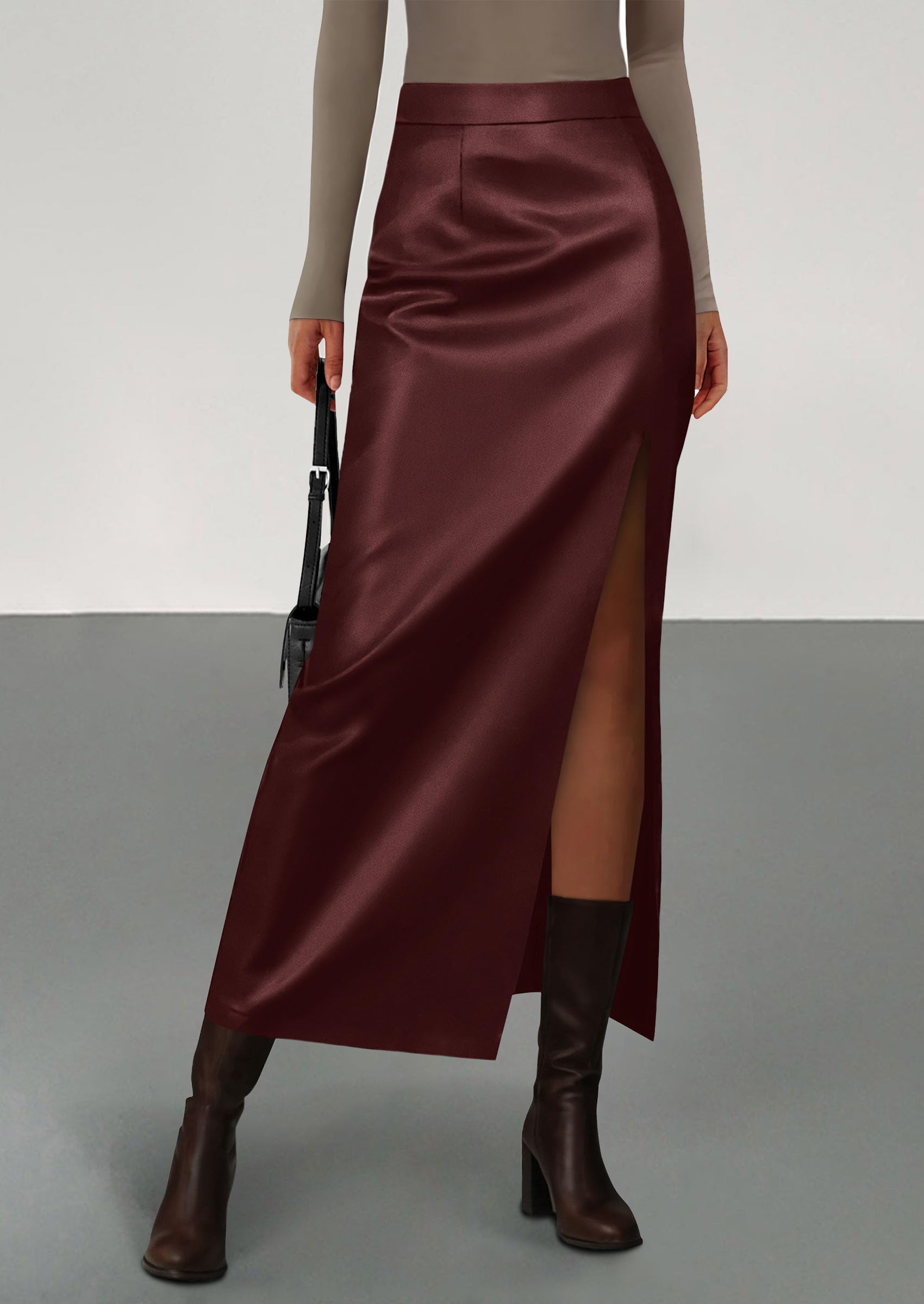 PRETTYGARDEN Womens Faux Leather Skirt Fall Bodycon High Waisted Slit Dressy Casual Winter Maxi Long Pencil Skirts