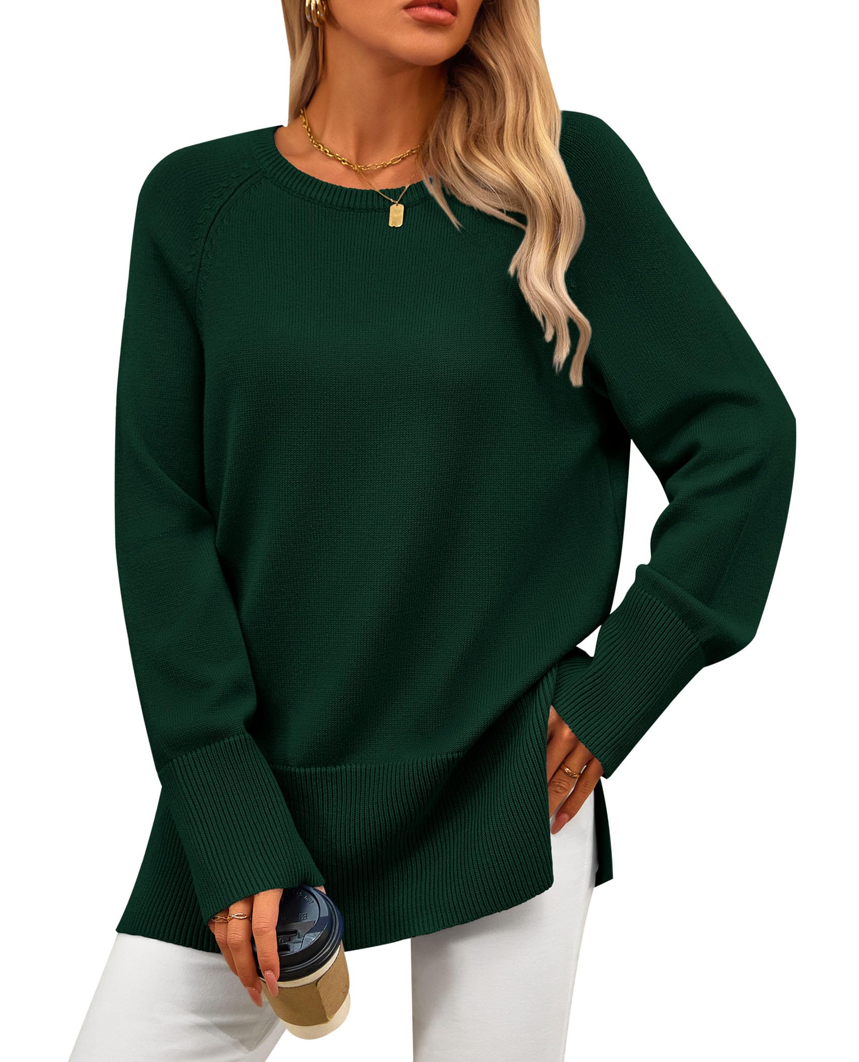 PRETTYGARDEN Women's Knit Fall Sweaters Long Sleeve Pullover Crewneck Split Hem Oversized Tunic Sweater Tops Winter Clothing