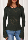 PRETTYGARDEN Womens Lace Long Bell Sleeve Tops Fall Sexy See Through Sheer Floral Blouse Shirt Fitted Going Out Outfits