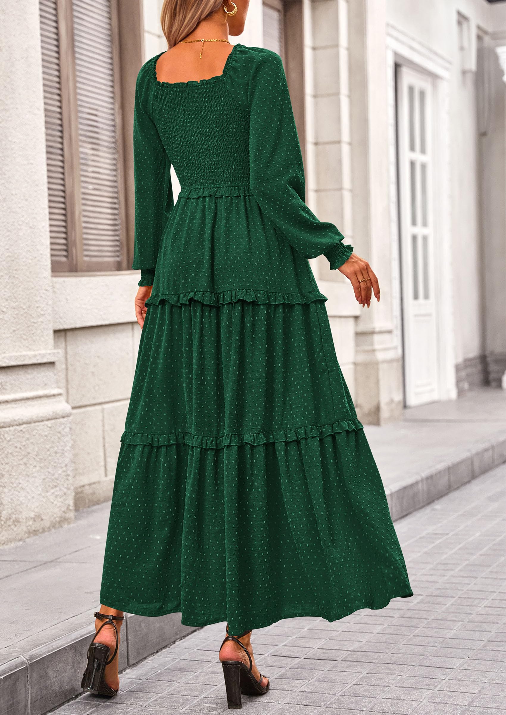 PRETTYGARDEN Women Fall Long Sleeve Smocked Maxi Dress Casual Square Neck Swiss Dot Tiered Ruffle Flowy Spring Pocket Dresses
