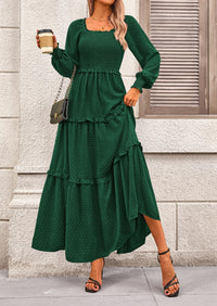 PRETTYGARDEN Women Fall Long Sleeve Smocked Maxi Dress Casual Square Neck Swiss Dot Tiered Ruffle Flowy Spring Pocket Dresses