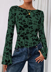 PRETTYGARDEN Women Long Sleeve Floral Mesh Tops Blouse  Fall Trendy Boat Neck Ruched Fitted Shirt Going Out Date Outfits