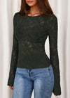 PRETTYGARDEN Womens Lace Long Bell Sleeve Tops Fall Sexy See Through Sheer Floral Blouse Shirt Fitted Going Out Outfits