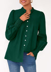 PRETTYGARDEN Womens Fall Lantern Long Sleeve Shirts Trendy Button V Neck Pleated Henley Tops Loose Work Blouses