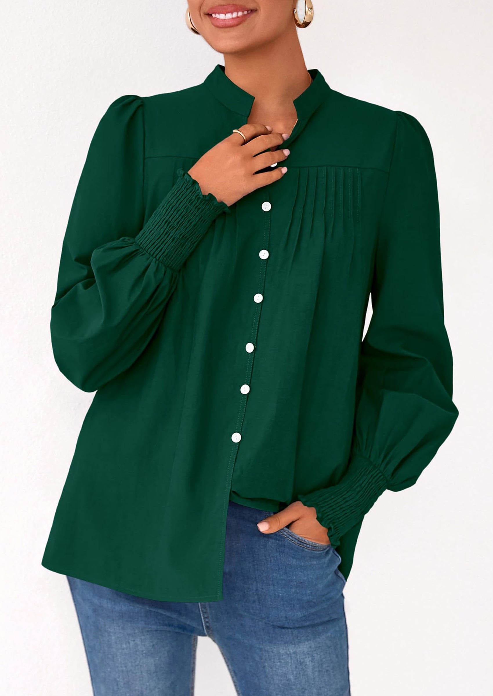 PRETTYGARDEN Womens Fall Lantern Long Sleeve Shirts Trendy Button V Neck Pleated Henley Tops Loose Work Blouses