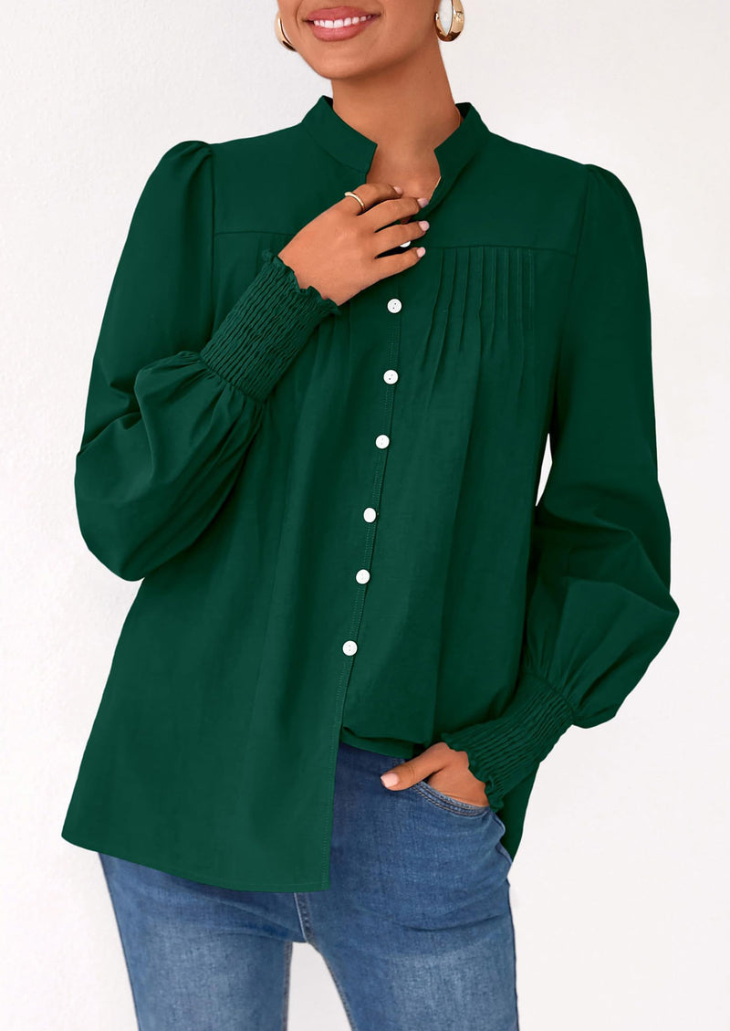 PRETTYGARDEN Womens Fall Lantern Long Sleeve Shirts Trendy Button V Neck Pleated Henley Tops Loose Work Blouses