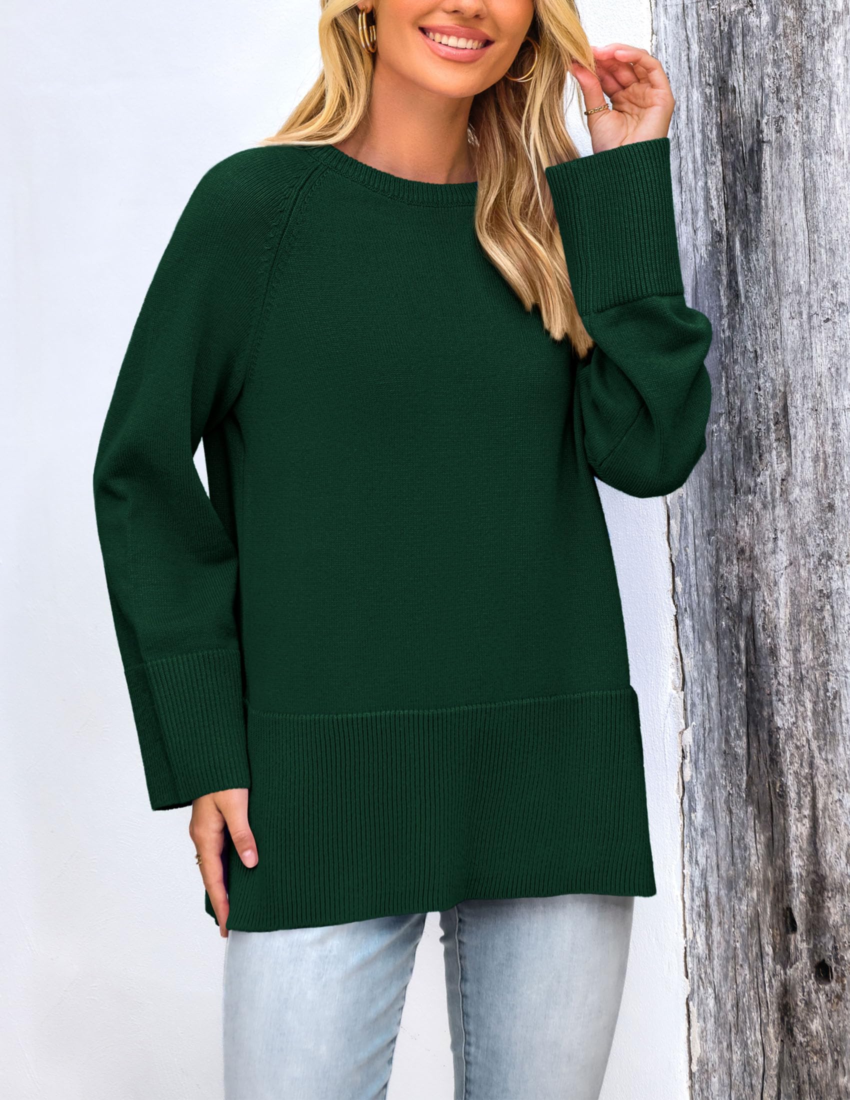 PRETTYGARDEN Women's Knit Fall Sweaters Long Sleeve Pullover Crewneck Split Hem Oversized Tunic Sweater Tops Winter Clothing