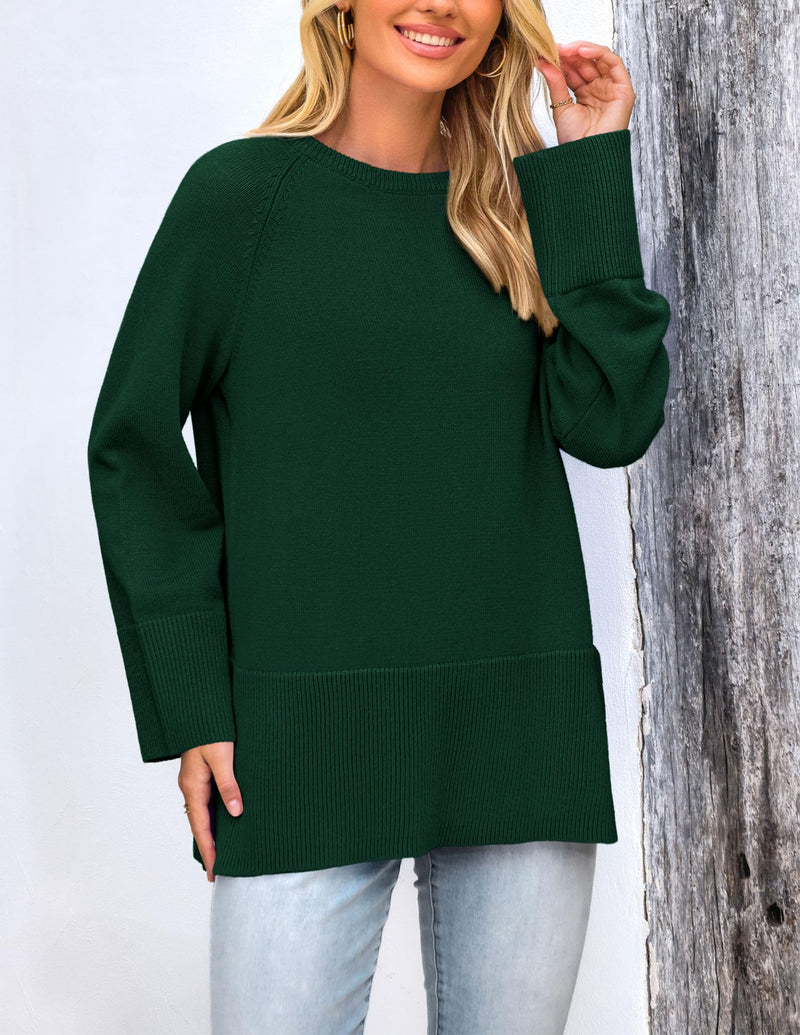 PRETTYGARDEN Women's Knit Fall Sweaters Long Sleeve Pullover Crewneck Split Hem Oversized Tunic Sweater Tops Winter Clothing