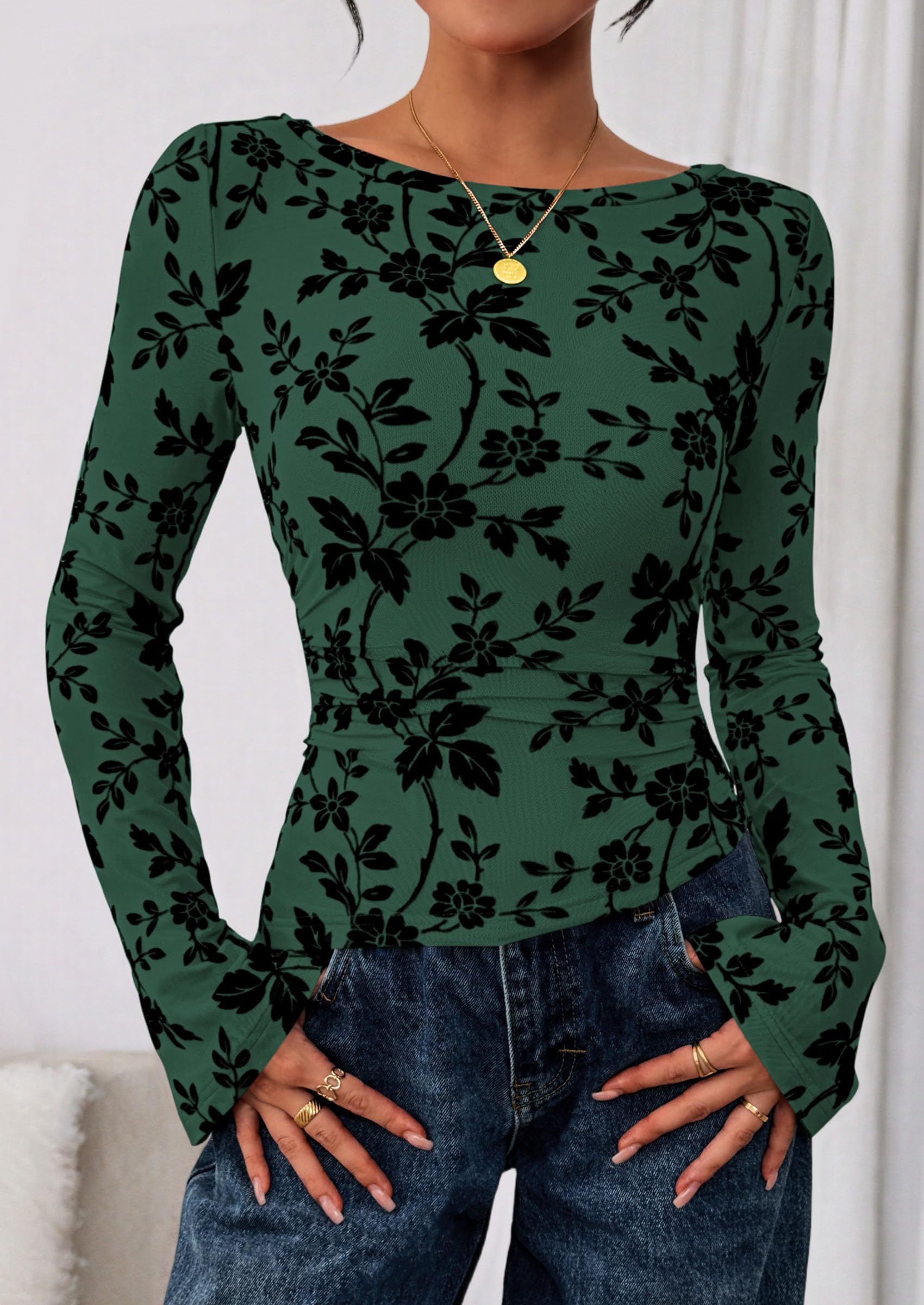 PRETTYGARDEN Women Long Sleeve Floral Mesh Tops Blouse  Fall Trendy Boat Neck Ruched Fitted Shirt Going Out Date Outfits