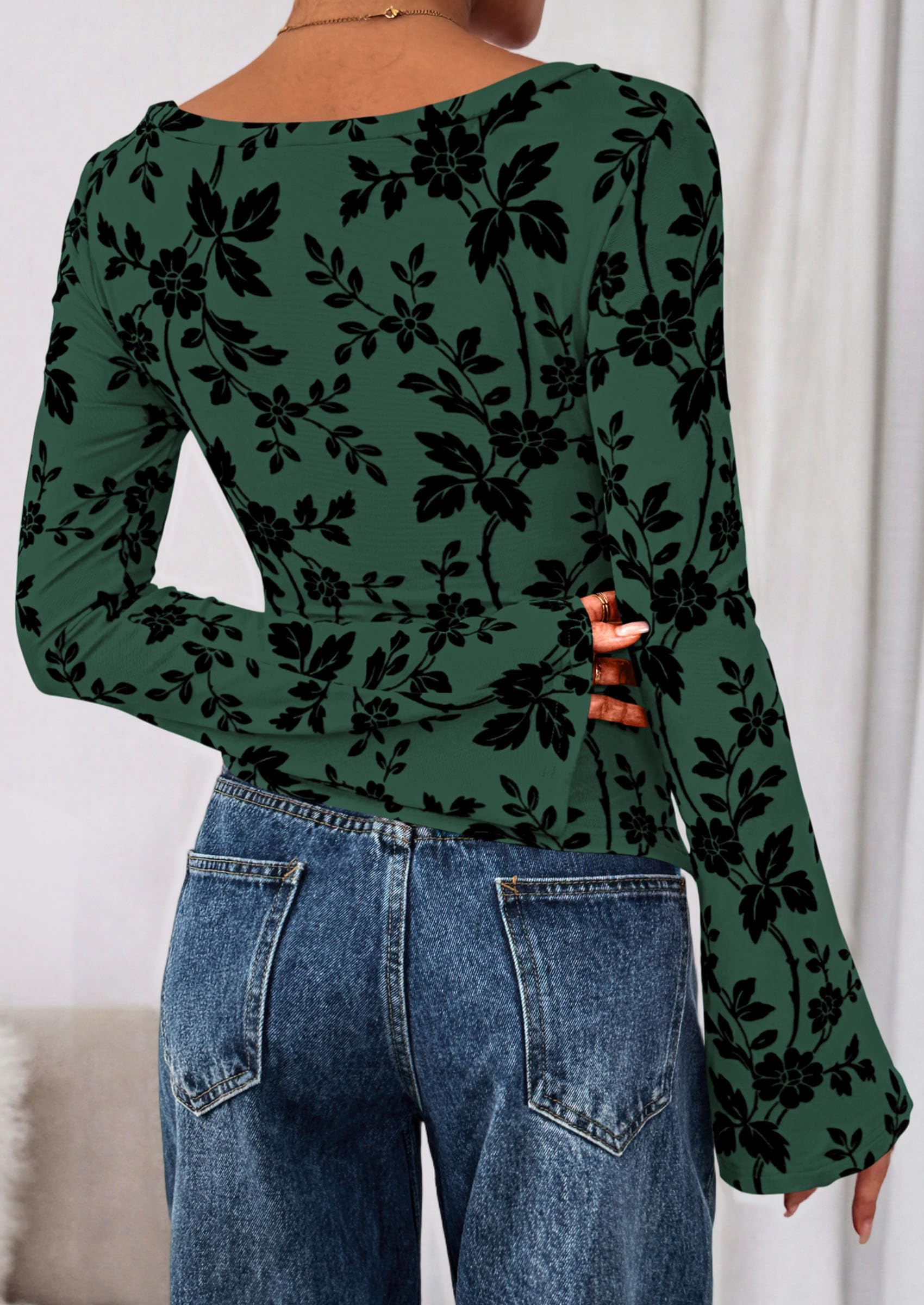 PRETTYGARDEN Women Long Sleeve Floral Mesh Tops Blouse  Fall Trendy Boat Neck Ruched Fitted Shirt Going Out Date Outfits
