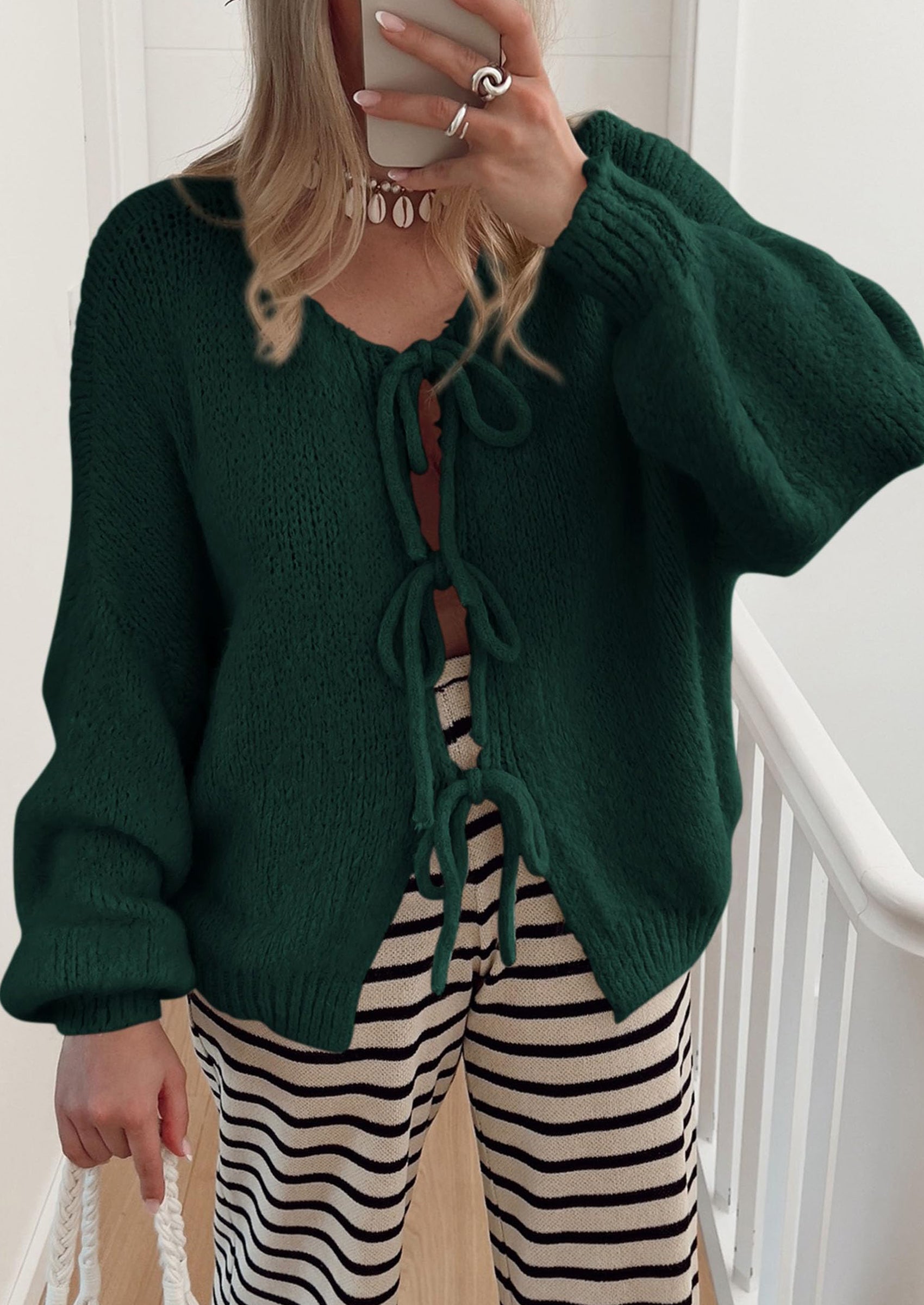 PRETTYGARDEN Women's Tie Front Bow Cardigan Sweaters Chunky Knit Long Puff Sleeve Trendy Fall Winter Jacket Coats