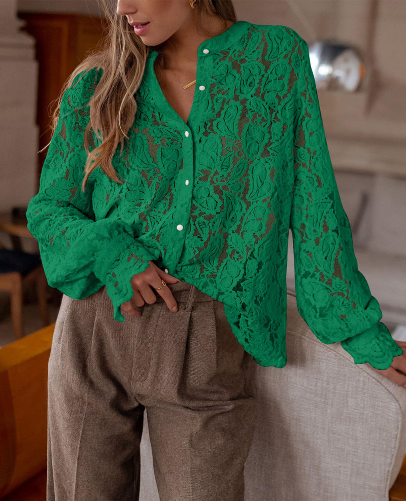 PRETTYGARDEN Women's Dressy Casual Lace Blouse Long Sleeve Button Up Shirts Tops Spring Fall Fashion Clothes