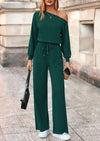 PRETTYGARDEN Long Sleeve Jumpsuit For Women Dressy Off Shoulder One Piece Loose Wide Leg Jumpsuits Casual Flowy Romper