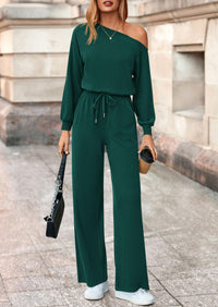 PRETTYGARDEN Long Sleeve Jumpsuit For Women Dressy Off Shoulder One Piece Loose Wide Leg Jumpsuits Casual Flowy Romper