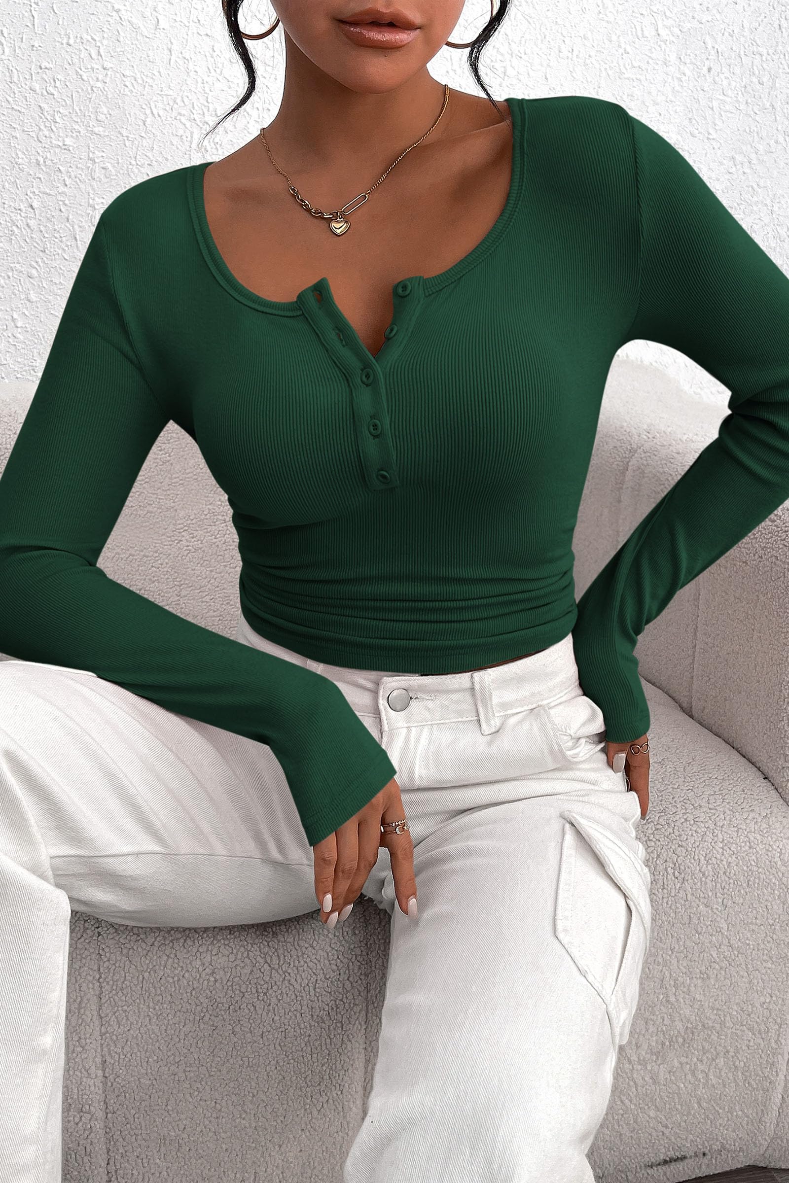 PRETTYGARDEN Women's Spring Fall Long Sleeve Henley T Shirts Button Ribbed Knit Slim Fit Casual Basic Tops Blouse
