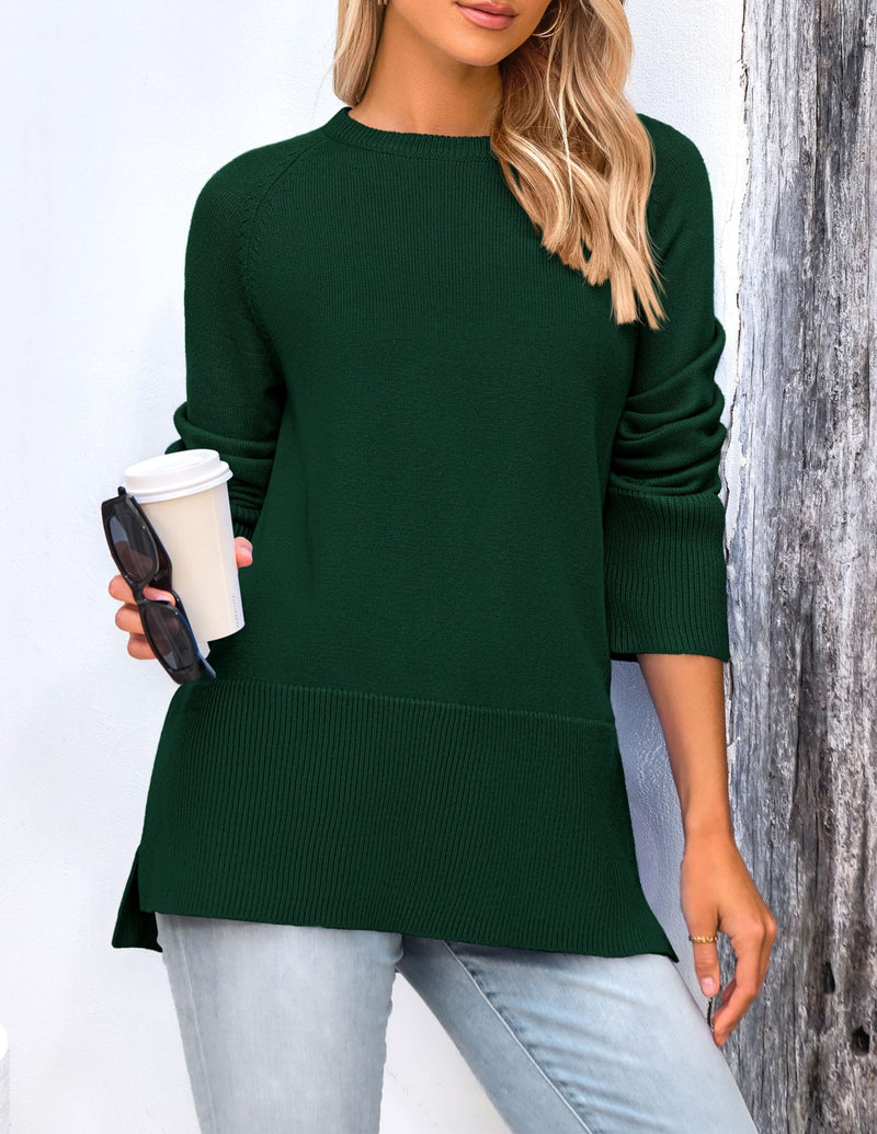PRETTYGARDEN Women's Knit Fall Sweaters Long Sleeve Pullover Crewneck Split Hem Oversized Tunic Sweater Tops Winter Clothing