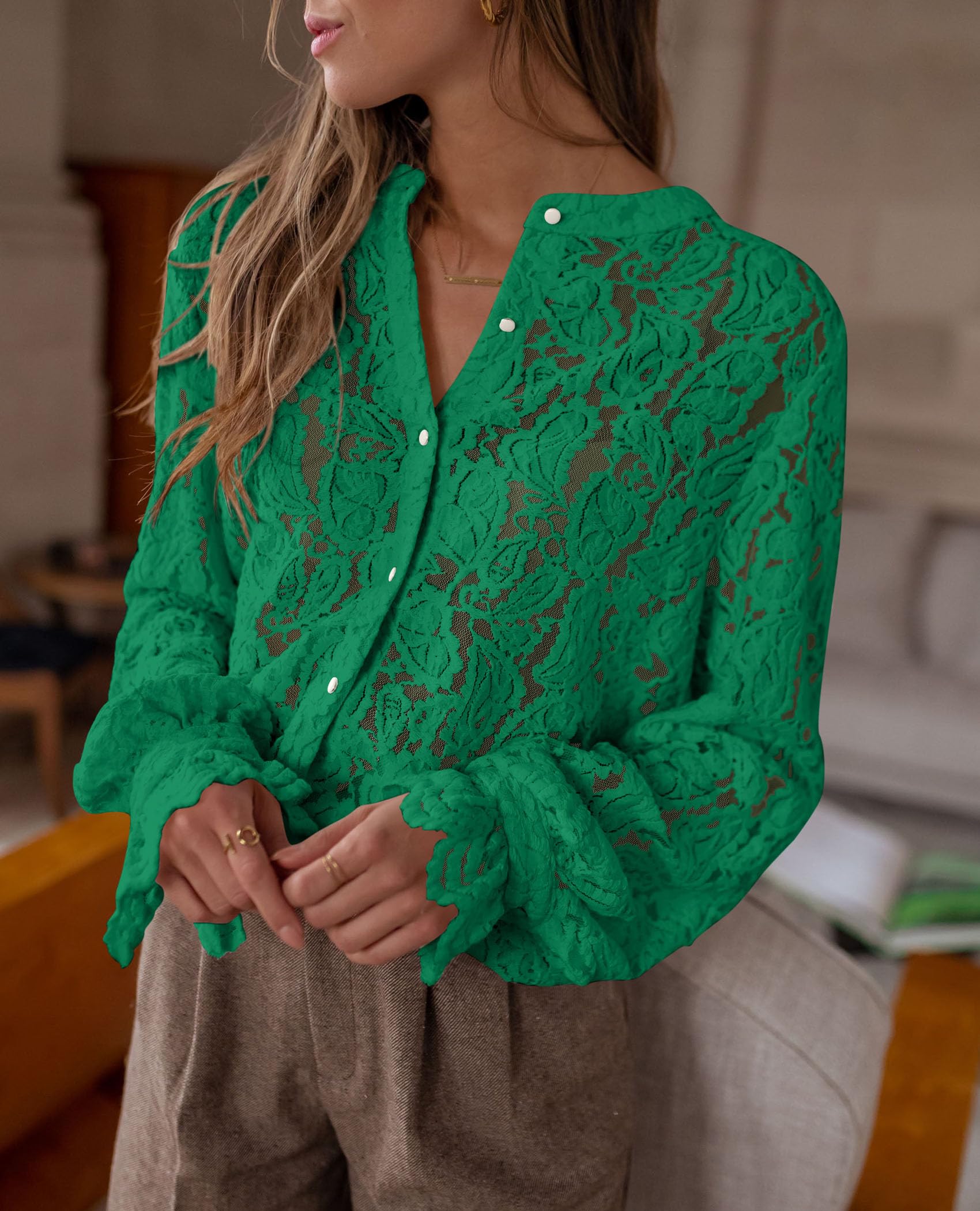 PRETTYGARDEN Women's Dressy Casual Lace Blouse Long Sleeve Button Up Shirts Tops Spring Fall Fashion Clothes