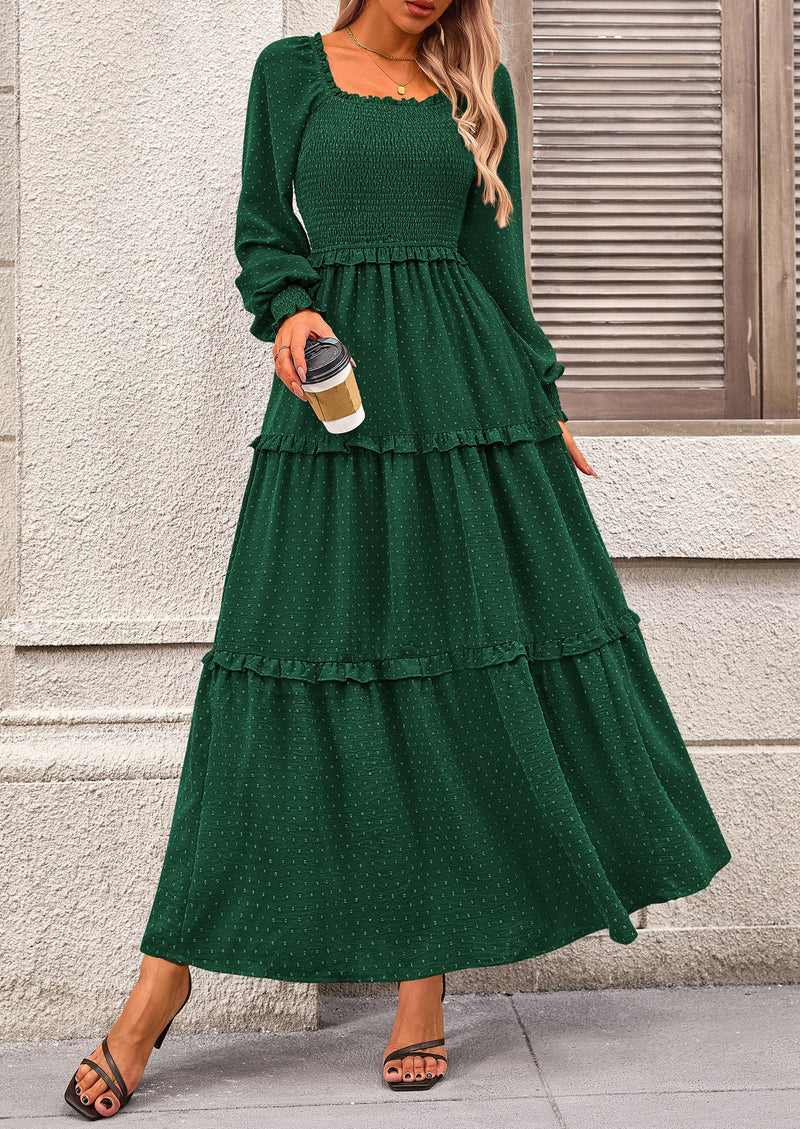 PRETTYGARDEN Women Fall Long Sleeve Smocked Maxi Dress Casual Square Neck Swiss Dot Tiered Ruffle Flowy Spring Pocket Dresses