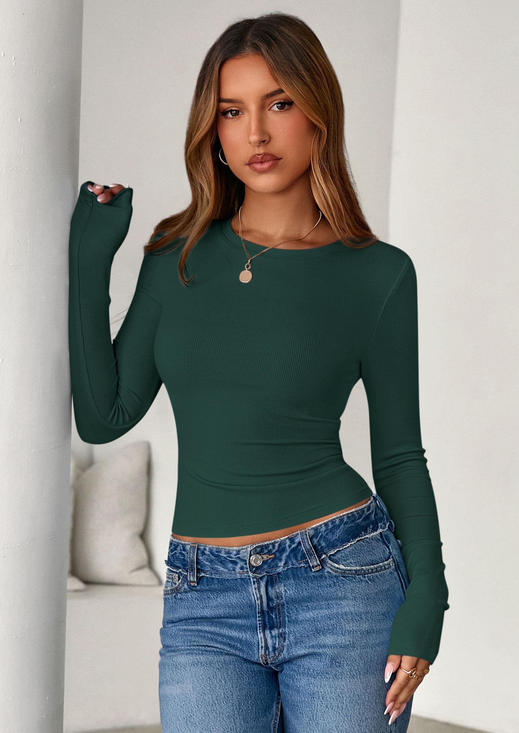 PRETTYGARDEN Womens Summer Fall Long Sleeve Shirts Ribbed Knit Fitted Basic Tee Going Out Tops Underscrub Casual Outfits