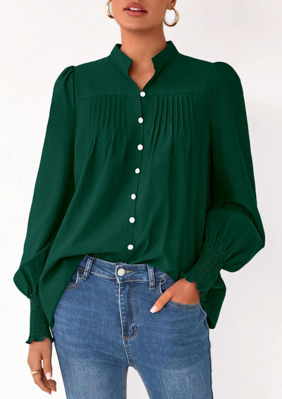 PRETTYGARDEN Womens Fall Lantern Long Sleeve Shirts Trendy Button V Neck Pleated Henley Tops Loose Work Blouses