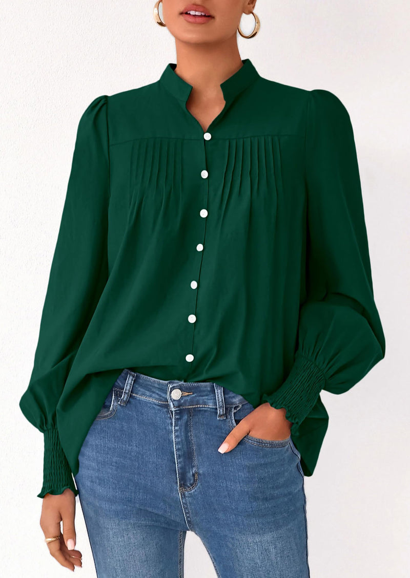 PRETTYGARDEN Womens Fall Lantern Long Sleeve Shirts Trendy Button V Neck Pleated Henley Tops Loose Work Blouses