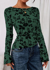 PRETTYGARDEN Women Long Sleeve Floral Mesh Tops Blouse  Fall Trendy Boat Neck Ruched Fitted Shirt Going Out Date Outfits