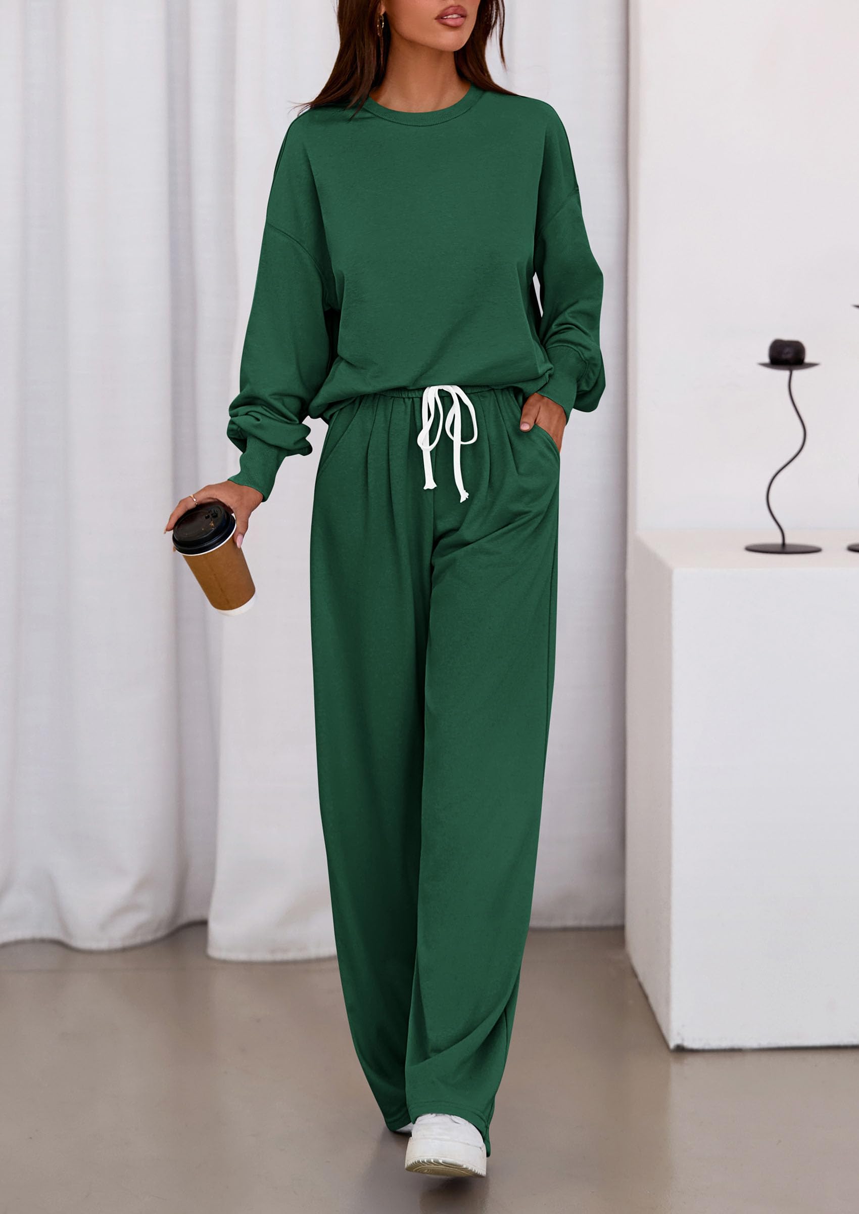 PRETTYGARDEN Womens 2 Piece Sets Long Sleeve Sweatshirt Wide Leg Pants Loose Matching Lounge Set Trendy Fall Outfits