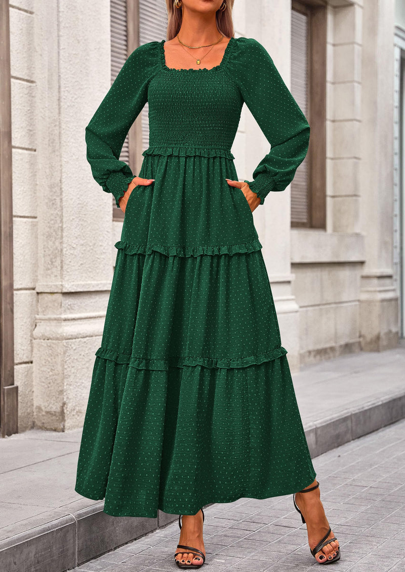 PRETTYGARDEN Women Fall Long Sleeve Smocked Maxi Dress Casual Square Neck Swiss Dot Tiered Ruffle Flowy Spring Pocket Dresses