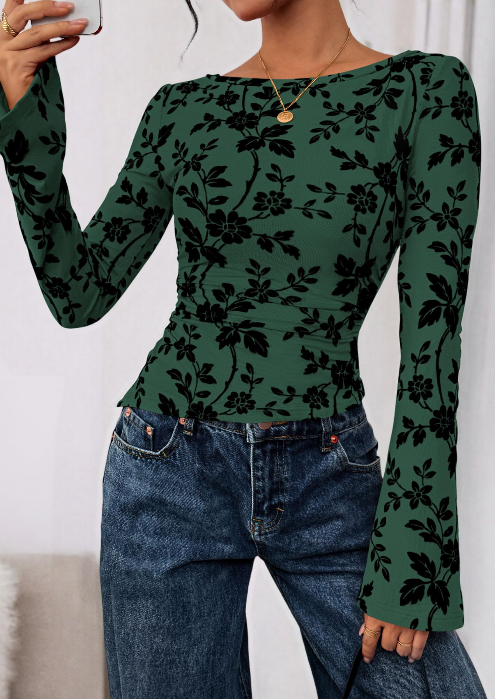 PRETTYGARDEN Women Long Sleeve Floral Mesh Tops Blouse  Fall Trendy Boat Neck Ruched Fitted Shirt Going Out Date Outfits