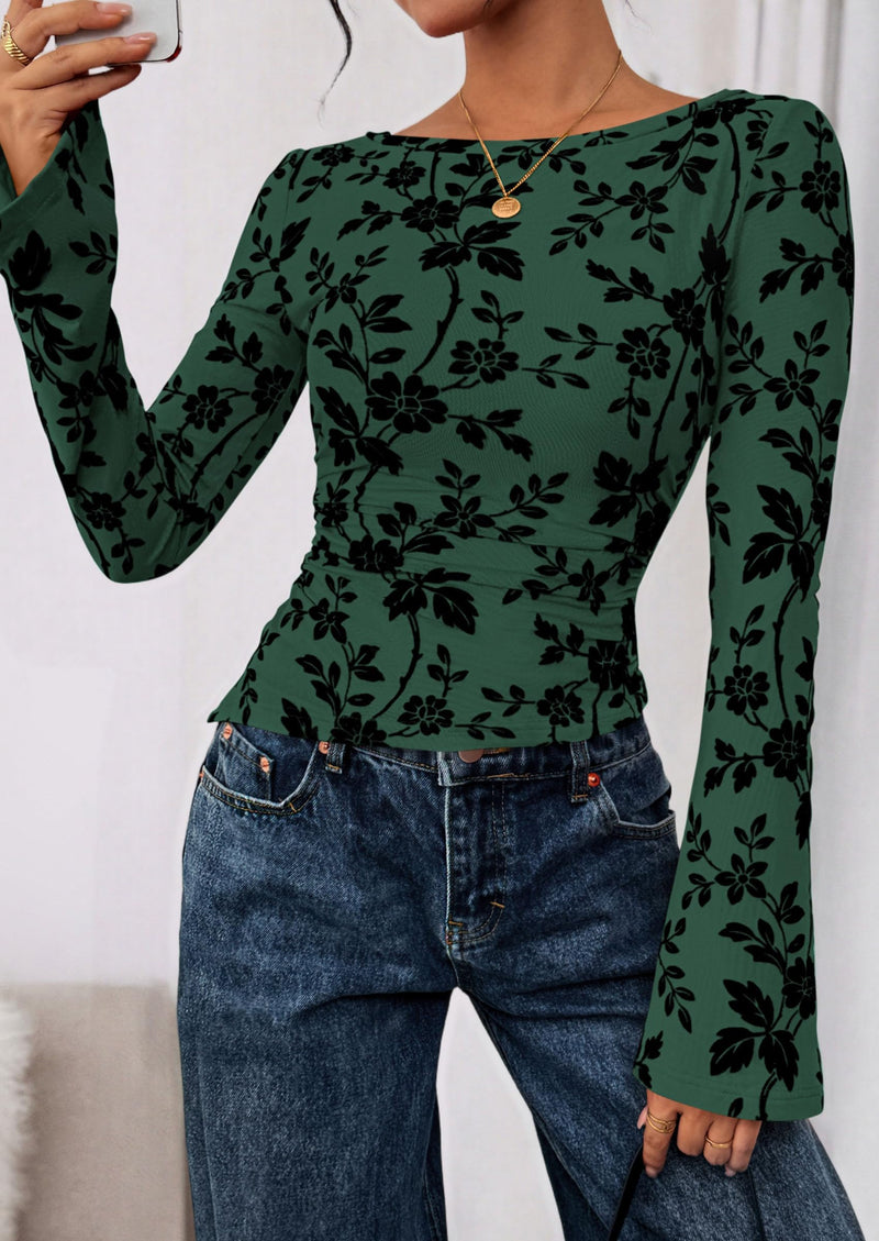 PRETTYGARDEN Women Long Sleeve Floral Mesh Tops Blouse  Fall Trendy Boat Neck Ruched Fitted Shirt Going Out Date Outfits