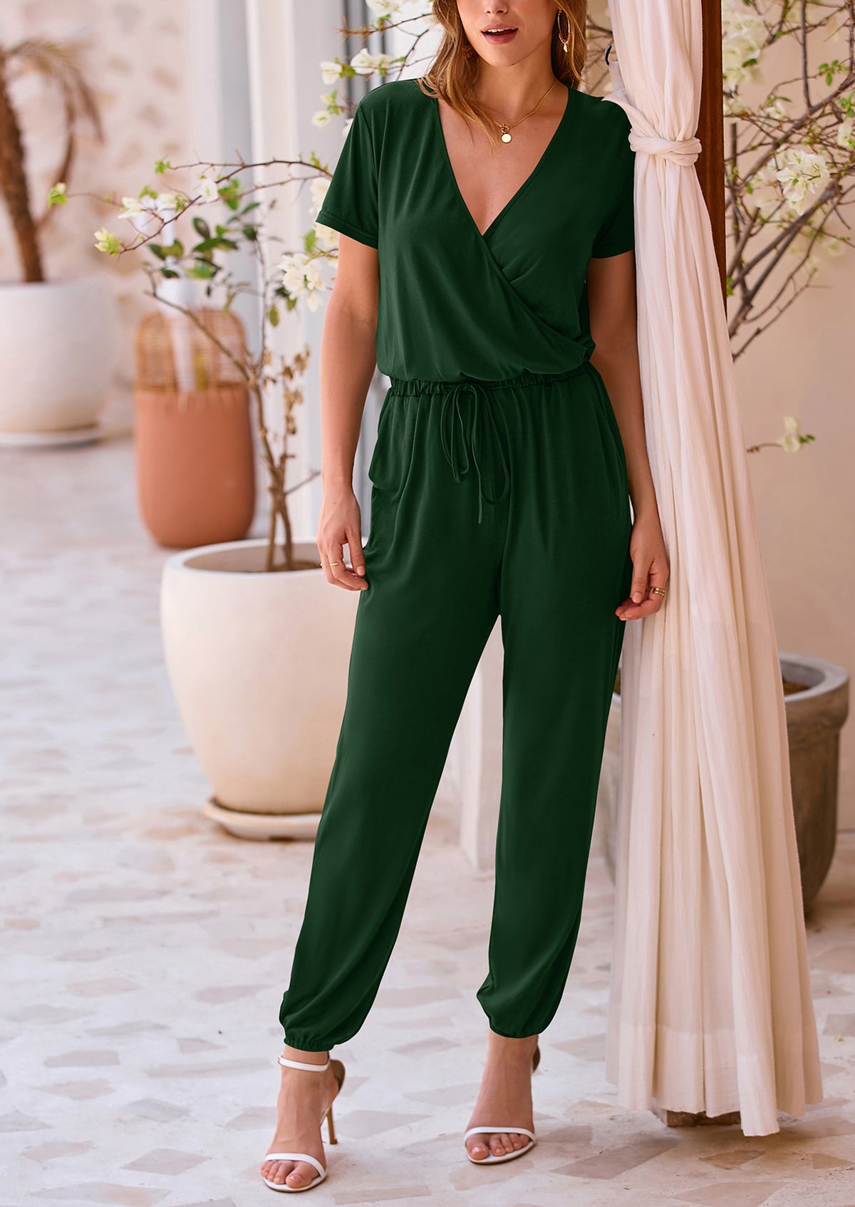 Deep V Neck Wrap Drawstring Waist Jumpsuits