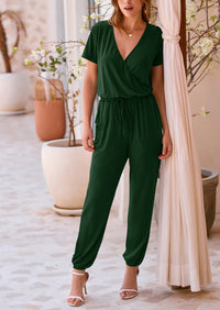 Deep V Neck Wrap Drawstring Waist Jumpsuits
